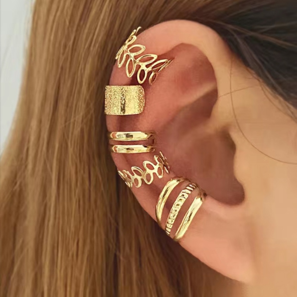 Sugared + Bronzed Gold Ear Cuff Set - Leaf and Band Designs